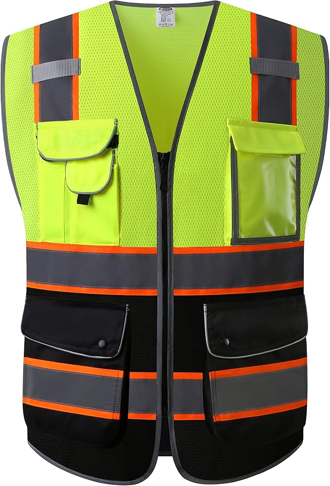 JKSafety 9 Pockets Class 2 High Visibility Dual Color Zipper Front MESH Lite Safety Vest | Orange Color Triming Reflective Strip | ANSI/ISEA Standards (100-Yellow-Black, XXL)