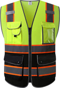 JKSafety 9 Pockets Class 2 High Visibility Dual Color Zipper Front MESH Lite Safety Vest | Orange Color Triming Reflective Strip | ANSI/ISEA Standards (100-Yellow-Black, 3XL)