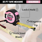 Benchmark - Pink - 3 Pack - 25 ft Tape Measures - Easy to Read Fractions to 1/8th inch - Magnetic Tip - Thumb and Quick Lock - Autowind - Belt Clip