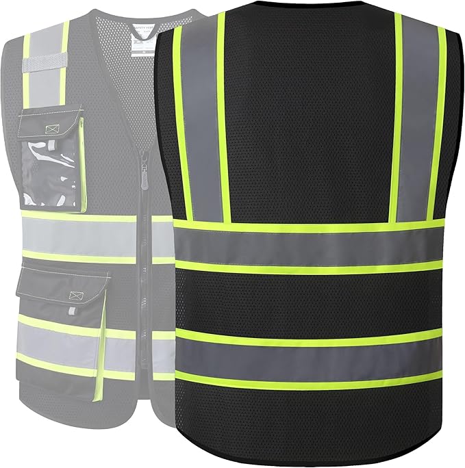 JKSafety Hi Vis Reflective Safety Vests for Men Women High Visibility Vest with Pockets Mesh Fabric Construction Safety Apparel Neon Vest for Work (220-Black 4XL)