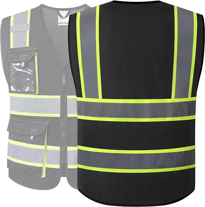 JKSafety Hi Vis Reflective Safety Vests for Men Women High Visibility Vest with Pockets Mesh Fabric Construction Safety Apparel Neon Vest for Work (220-Black 3XL)