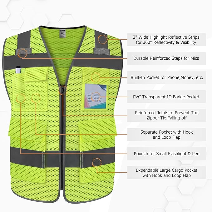 TCCFCCT Mesh Reflective Vest 5 Pockets Safety Vest for Men Women, High Visibility Surveyor Vest with Horizontal Strip for Walkie-talkie, Durable to Use, Meets ANSI/ISEA Standards, Yellow, XL