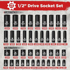 1/2" Drive Impact Socket Set 49 Piece, Standard and Deep Metric Socket (9-25mm, 27, 30, 32mm), Includes Extension Bars, Universal Joint and Adapter, 6 Point Design,Cr-V steel