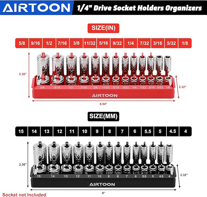 AIRTOON 1/4-Inch Drive Socket Organizer Trays, 2-Piece SAE and Metric Socket Tray Set, Deep and Standard Socket Holders Organizers for Toolbox, Black & Red