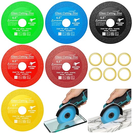 Lamoutor 6Pcs 4.5 Inch Glass Cutting Disc for Angle Grinder, Diamond Saw Blade, Tile Cutter Blade for Cutting Marble Glass Tile Jade Crystal（Green/Blue/Yellow/Black/Red/Orange）