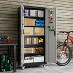 Metal Garage Storage Cabinet with Pegboard, 71''H*32" W*16" D Rolling Tool Cabinets on Wheels with 5 Adjustable Shelves for Garage Home Warehouse Utility Room, Assembly Required,Black and Grey