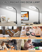 Flexible Gooseneck 2-in-1 Magnifying Glass with Light and Stand,10x & 5x Real Glass Lens Magnifying Lamp, 5 Color Stepless Hands-Free LED Desk Lamp with Clamp for Painting, Crafts, Reading (Pink)