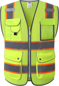 JKSafety 9 Pockets Hi-Vis Neon Yellow Zipper Front MESH Safety Vest with Fluorescent Orange Extend Edge outlining the Reflective Tapes Meet ANSI/ISEA Class 2 Standard (100-Yellow, 5XL)