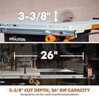 Evolution R10TBLX 10" Jobsite Table Saw with Wheeled Scissor Stand | 15A Motor | Multi-Material Cutting | 10" Blade | 26” Rip | 3-3/8” Depth | 0-45º Bevel | Precision Fence | Portable & Heavy-Duty