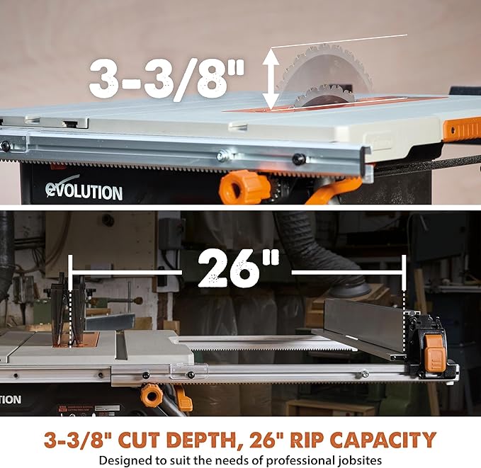 Evolution R10TS 10" Jobsite Table Saw | 15A Powerful Motor | Multi-Material Cutting | 10" TCT Blade | 26” Rip Capacity | 3-3/8” Cut Depth | 0-45º Bevel | Precision Fence | Portable & Heavy-Duty