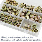 300pcs Metric Rivet Nut Assortment Kit，M3 M4 M5 M6 M8 M10 M12 Flat Head Rivnut Set, Metric Carbon Steel UNC Nutserts Rivnut, Zinc Plated, Flat Head Insert Nut Assort