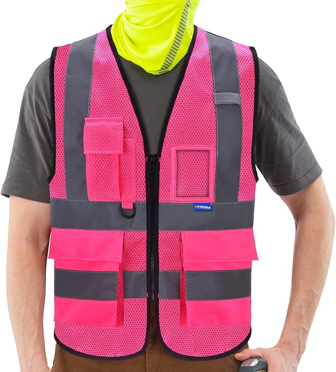 A-SAFETY High Visibility Mesh Safety Reflective Vest with Pockets and Zipper,Hi Viz Work Vest for Men Women (Pink Mesh 4XL-5XL)