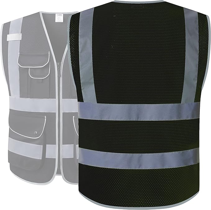 JKSafety 9 Pockets High Visibility Safety Vest for Men and Women, Hi-Vis Reflective Black Safety Vests with Zipper Front, Meet ANSI/ISEA Standards (159-Black XL)