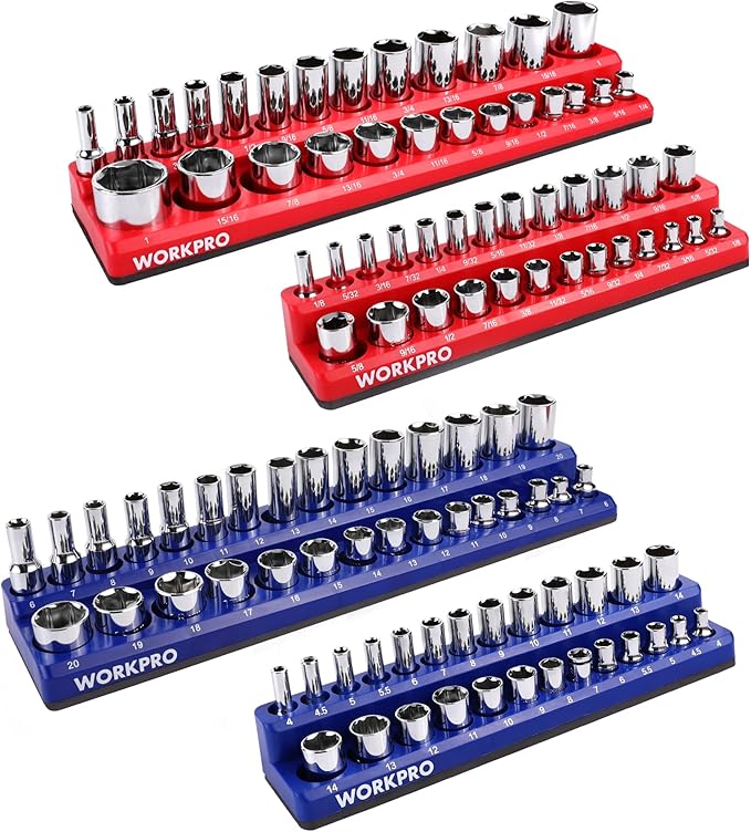 WORKPRO Magnetic Socket Organizer Set, 4-Piece Socket Holder Set Includes 1/4", 3/8" Drive Metric & SAE Socket Trays, Holds 108 Pieces Standard and Deep Size Sockets (Sockets not Included)