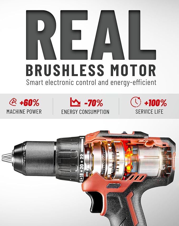 DCK 20V Brushless Hammer Drill, 531 in.lbs, 36000 BPM, 1/2" Keyless All-Metal Chuck, 4.0Ah Battery, 22+1+1 Clutch, Impact Drill Kit for Drilling Brick Wall, Metal, Wood, KDJZ05-13