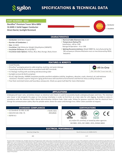 14 AWG Tracer Wire 600V 100% Solid Copper Conductor Direct Burial Underground, Yellow Tracer Wire for Locating Underground Pipes and Lines Gas Electrical Wire Water Sewer Pipe and Fiber Optic, 100 FT