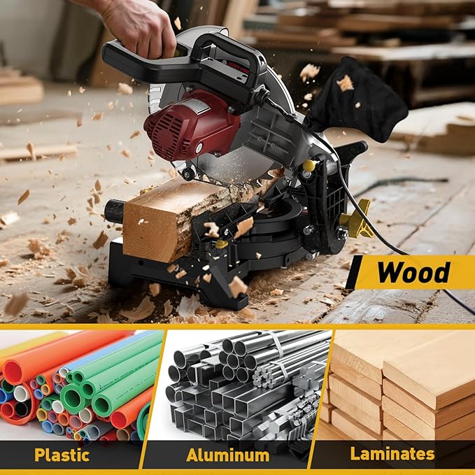 10-inch Compound Miter Saw, 5000RPM, 15 Amp, Single Bevel 0-45° with Extension Table, 36T Blade, Power Saw for Metal, Plastic, Wood, Laminates