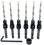 FTG USA 6 Pc #10 (3/16") Countersink Drill Bit Set with Depth Stop Collar, Hex Wrench - Tapered Drill Bits for Wood