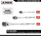 ARES 42048-3-Piece 90 Tooth Ratchet Set - Premium Chrome Vanadium Steel Construction & Mirror Polish Finish - Quick Release for Easy Socket Change - 90-Tooth Reversible Design with 4 Degree Swing