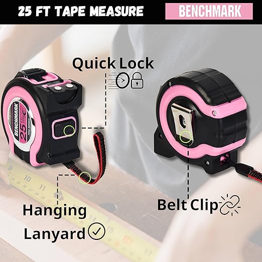 Benchmark - Pink - 3 Pack - 25 ft Tape Measures - Easy to Read Fractions to 1/8th inch - Magnetic Tip - Thumb and Quick Lock - Autowind - Belt Clip