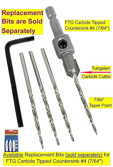 FTG USA #4 (7/64") Tungsten Carbide Tipped Countersink Drill Bit with Tapered Drill Bit, 1/4 Inch Quick Change Hex Shank and Allen Wrench
