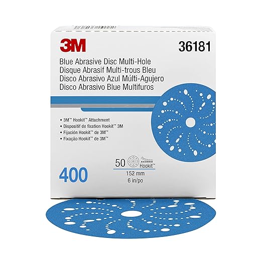 3M Hookit Blue Abrasive Discs 36181, Multi-Hole, 6 in, 400+ Grade, Pack of 50, Virtually Dust-Free, for Auto Sanding, Body Repair, Featheredging, Primer Sanding, Paint Preparation, E-Coat