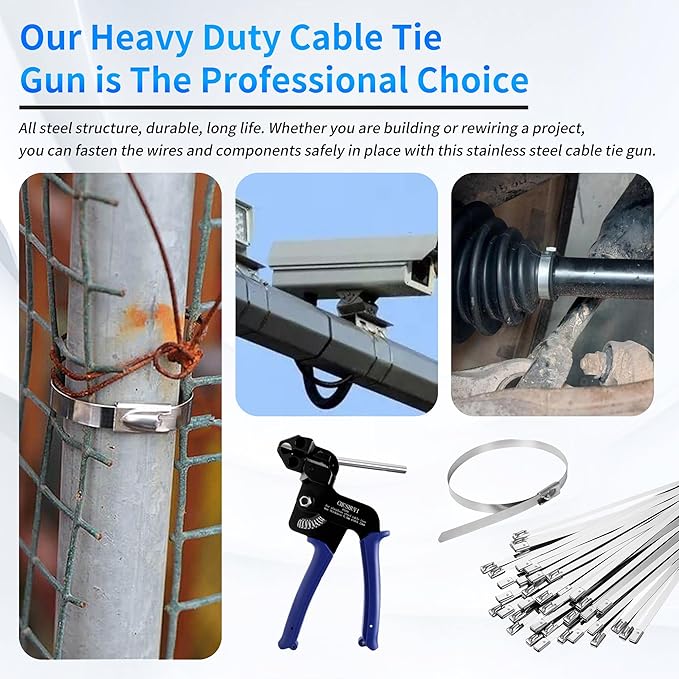 Heavy Steel Cable Tie Tool：Stainless Steel Zip Tie Gun, Metal Tie Wrap Gun Kit, Duty Outdoor Adjustable Fastening Cutting Tie Tool Sets with 100pcs Self-Locking Metal Steel Zip Ties CHUSHUYI