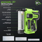 Greenworks 24V 18 Gauge Brushless Brad Nailer Gun, Cordless Finish Nailer, Staple Gun Cordless with 2Ah Battery and 2A Charger