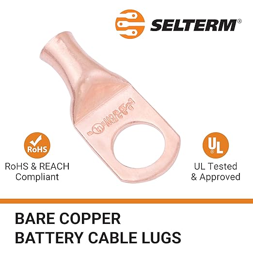 SELTERM 2pcs 8 AWG 3/8" Stud Copper Wire Lugs, Battery Cable Ends, Ring Terminals, 8 Gauge Terminal Connectors, UL Heavy Duty Bare Copper Eyelets