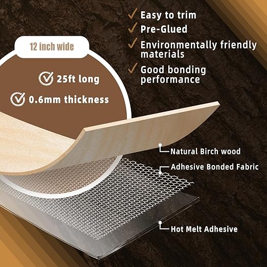 GSCIT Club Birch Wood Veneer, 12 inch x 25ft Wood Edge Banding Pre-glued Flexible, Veneer Tape Banding for Cabinet Repair Furniture Restoration