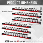 ALOANES 6-Piece Magnetic Socket Organizer, Heavy Duty Aluminum Socket Rails Organizer, 360° Swivel Clips Socket Holder Kit for Tool Box, 1/2, 3/8, 1/4-Inch Socket Holder x 80 Clips (Red)