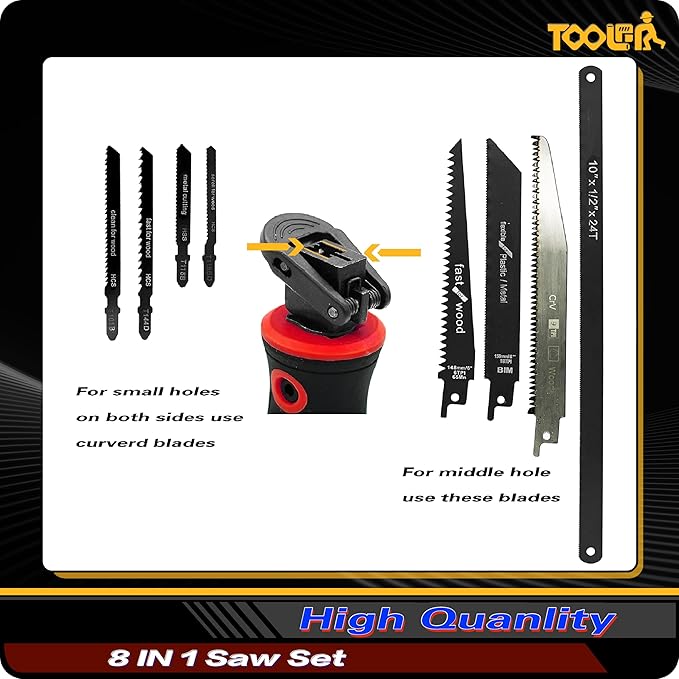 8-In-1 Multi Blades Hand Saw, Drywall Cutter. Hacksaw. Long Blade, Jab Saw, For Cutting Drywall, Sheetrock, Wood, Metel, Plastic, Plywood. Blade Quick Change Mechanism. Red Handle.