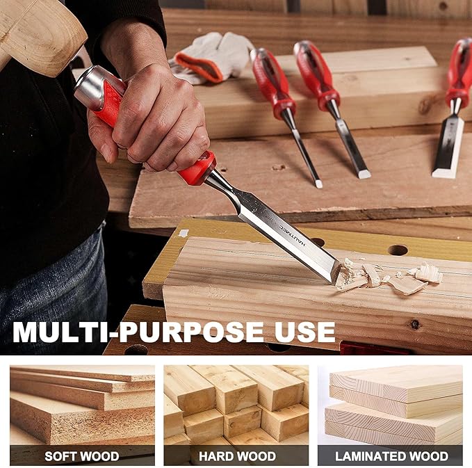 HAUTMEC 3-Piece Wood Chisel Set – High-Impact Drop-Forged CRV Steel, Fully Polished Beveled Edge Blades, Heavy-Duty Strike Cap & Extended Anti-Skid Handle – HT0364