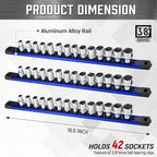 ALOANES 3-Piece Magnetic Socket Organizer, Heavy Duty Aluminum Socket Rails Organizer, 360° Swivel Clips Socket Holder Kit for Tool Box, 3/8-Inch Socket Holder x 42 Clips (Blue)