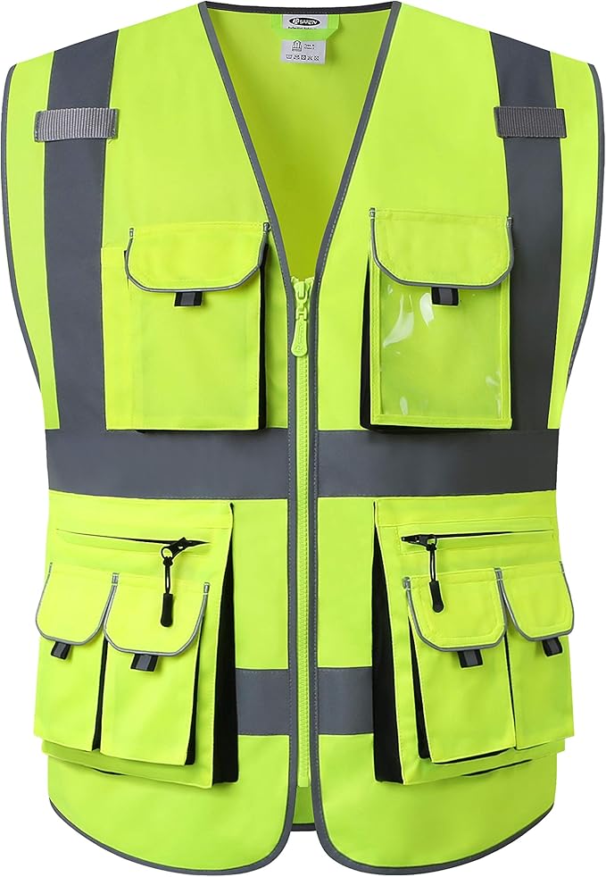JKSafety 10 Pocket Class 2 High Visibility Zipper Front Yellow Safety Vest with High Reflective Strips - Meets ANSI/ISEA Standards (Large)