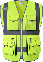 JKSafety 10 Pockets Class 2 High Visibility Zipper Front Safety Vest Yellow with High Reflective Strips Meets ANSI/ISEA Standards (88-Yellow, X-Large)