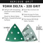 3.5" (93mm) 6-Hole 320 Grit Triangle Sanding Sheets - Fits Festool Rotex RO 90 Delta - Heavy-Duty Hook & Loop Film Disc Abrasives - Sandpaper for Detail Sanders - 50 Pack Box