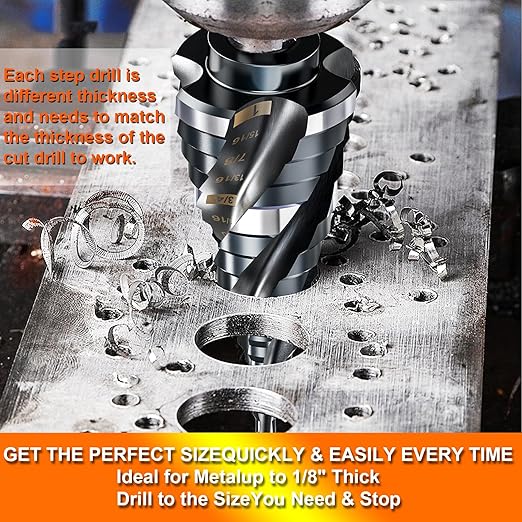 Four Spiral Flute Step Drill Bit for Metal,M35 Cobalt Unibit Step Drill Bit Set 1/8"-7/8" (3 pcs),Wear-Resistant AlTiN Coated,1/4" Hex Shank for Metal, Stainless Steel, Aluminum, Plastic