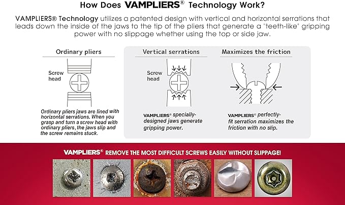 VAMPLIERS 4-Piece Stripped Screw Extractor Pliers Set. Made in Japan: 8" Linesman, 7.5" Long Nose, 6.25" Multipurpose & 5" ESD Safe Pliers. Remove any Stripped/Damaged/Rusted Screws.