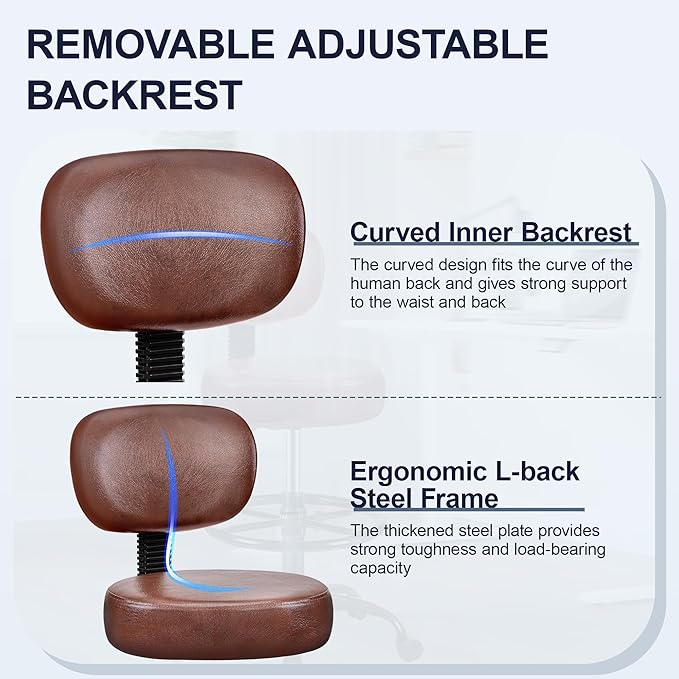 Drafting Chair with Backrest – Adjustable Foot Rest Rolling Stool with Wheels, PU Leather Swivel Stool for Office Spa Studio Lab Counter Salon Home Work Bar Kitchen Shop(Ember Brown)