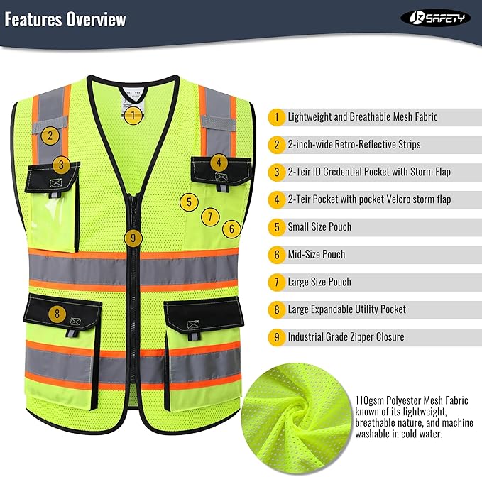 JKSafety Hi Vis Reflective Safety Vests for Men Women High Visibility Vest with Pockets Mesh Fabric Construction Safety Apparel Neon Vest for Work (220-Yellow L)