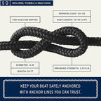 RainierSupplyCo Boat Anchor Rope - Double Braided Marine Rope Anchor Line - 50 ft x 1/4 Inch Nylon Boating Line with 316 Stainless Steel Thimble and Heavy Duty Marine Grade Snap Hook - Black