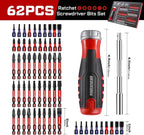 62Pieces Ratcheting Screwdriver Set, 12-in-1 Multi-bit Magnetic Screwdriver Quick-Load Mechanism, S2 Steel Phillips, Slotted, Torx, Square Bits, Impact Bit Holder with Eva Foam Storage Tray
