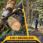 2-in-1 Cordless Pole Saw, Brushless Mini Chainsaw with Pole, 20V 4.0Ah Battery Powered Pole Saws for Tree Trimming, 8" Cutting Power Small Pole Saw, 18ft Reach Electric Saw for Trees With Pole