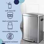 happimess HPM1005A Marco Rectangular 10.5-Gallon Double Bucket Trash Can with Soft-Close Lid, Modern, Minimalistic, Fingerprint Proof for Home, Kitchen, Laundry Room, Office, Stainless Steel