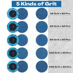 Chumia 250 Pcs Mix Roll Lock Discs Set 36 60 80 120 240 Grit 2 Inch Sanding Discs Die Grinder Accessories Aluminum Oxide Surface Conditioning for Surface Prep Polish Burr Paint Removal(Blue)
