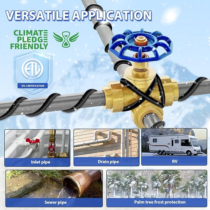 120V 60FT Self-Regulating Pre-assembled Water Pipe Heat Cable for Pipe Freeze Protection, Energy-Saving Pipe Heating Cable Keeps Water Flowing at -40°F