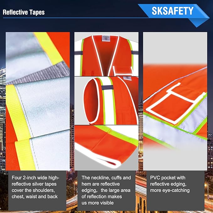 SKSAFETY 10 Pockets Safety Vest, Class 2 High Visibility Security with Zipper, Hi Vis Vest with Reflective Strips, ANSI/ISEA Standard, Construction Work Vest for Men ＆ Women （Orange, 4XL）