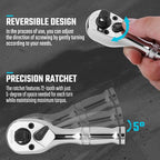 DURATECH Stubby Ratchet Set, 3-IN-1 Ratchet Handle, with 2 Extension Bars, 1/4", 3/8", 1/2" Drive Ratchet Wrench, 72-Tooth, Reversible Switch, Full-Polished Chrome Plating, Alloy Steel