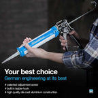 SolidWork Drip-Free Caulk Gun with Ergonomic Steel Handle, up to 1/10 Gallon Cartridge, Adjustable 24:1 or 12:1 Thrust Ratio 1/10 Gallon Cartridge | Blue Caulking Gun
